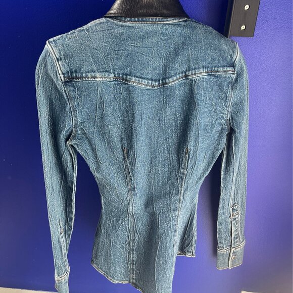 Alexander Wang Denim Button Long Sleeve Shirt with Leather Collar in Deep Blue - Picture 4 of 4